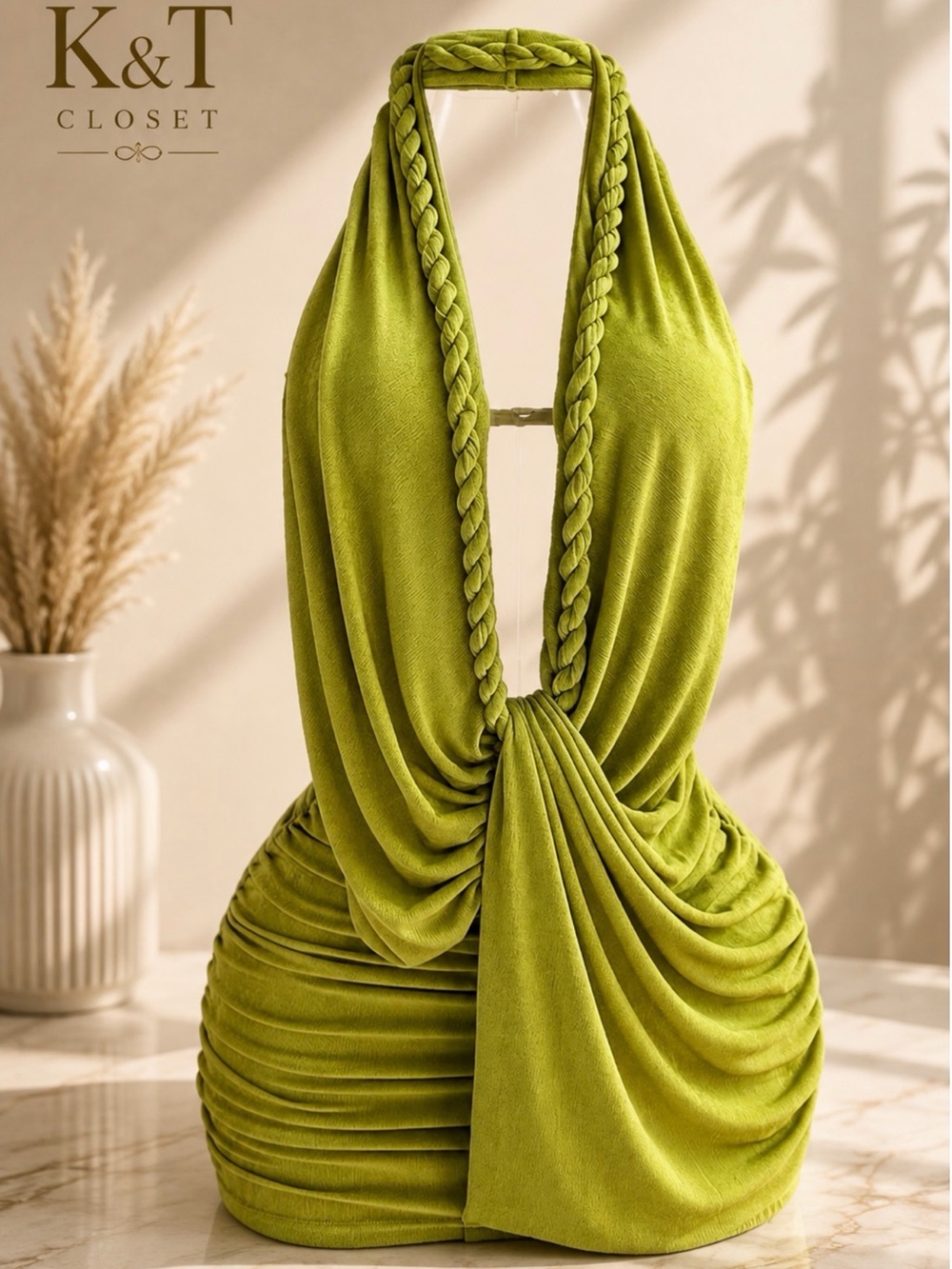 Green Ruched Halter Mini Dress - Women's Summer Party Dress